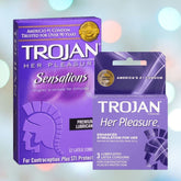 On a blurred background, two boxes of Trojan Her Pleasure Sensations Ribbed Condoms are displayed. The larger purple box includes 12 latex condoms and highlights the word "Sensations." The smaller box, offering comfort with its fit shape, contains 3 lubricated latex condoms designed for enhanced stimulation.